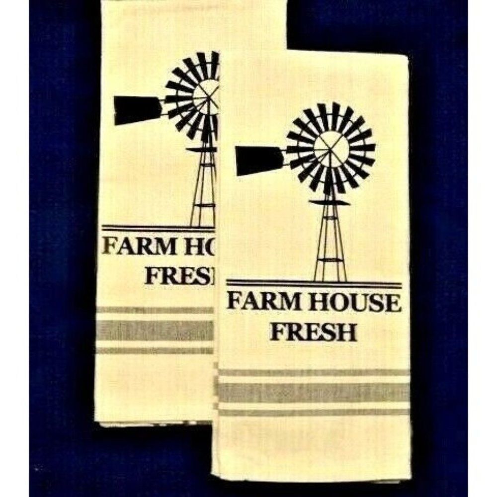 Farm House Fresh Water Pump Kitchen Towels 2-Piece Natural Color Gray Stripes